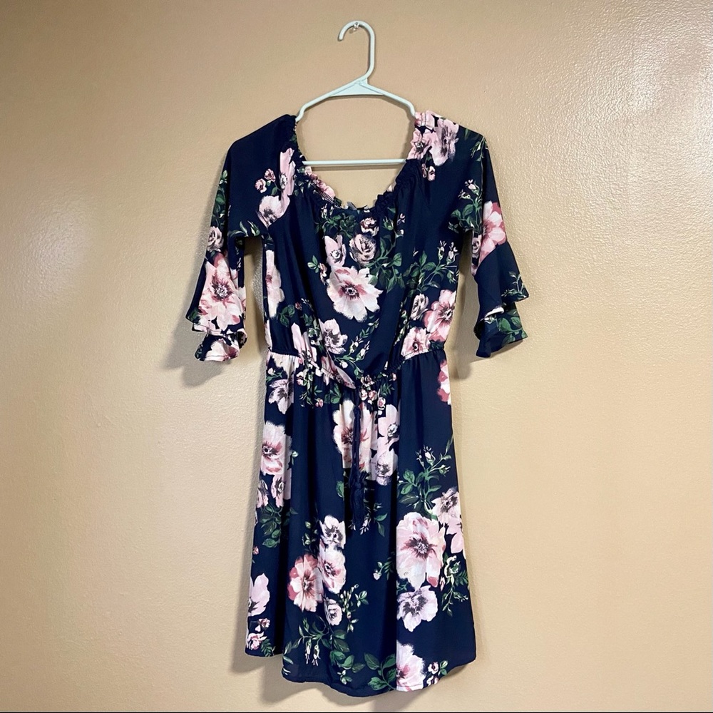 Navy Blue Floral Dress 3/4 Length Ruffle Sleeves